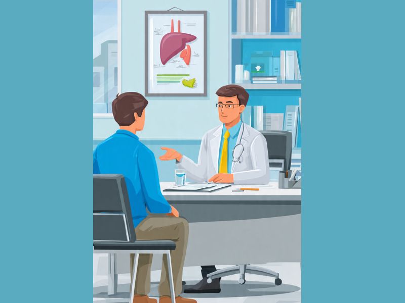 doctor consulting patient for liver pain treatment in clinic