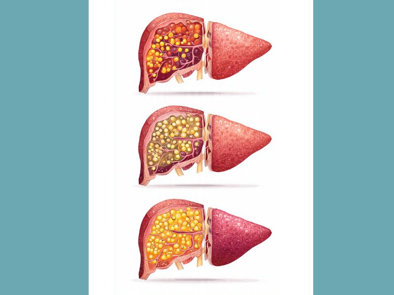 fatty liver grade 1 2 3 stages progression mild moderate severe illustration
