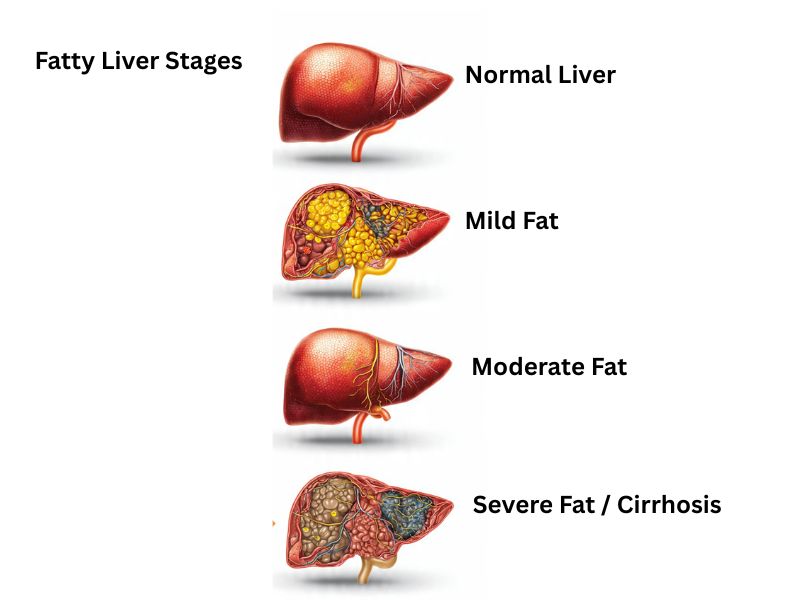 fatty liver stages chart showing grade 1 grade 2 grade 3 and cirrhosis progression