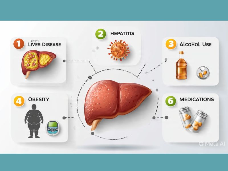 common causes of high liver enzymes including fatty liver hepatitis alcohol use obesity and medications