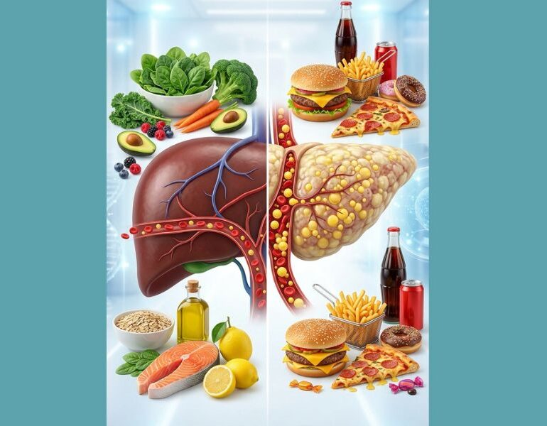 healthy liver and fatty liver comparison with healthy and unhealthy foods