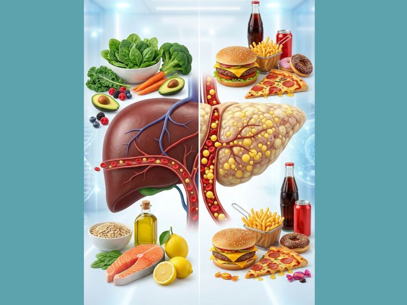 healthy liver and fatty liver comparison with healthy and unhealthy foods