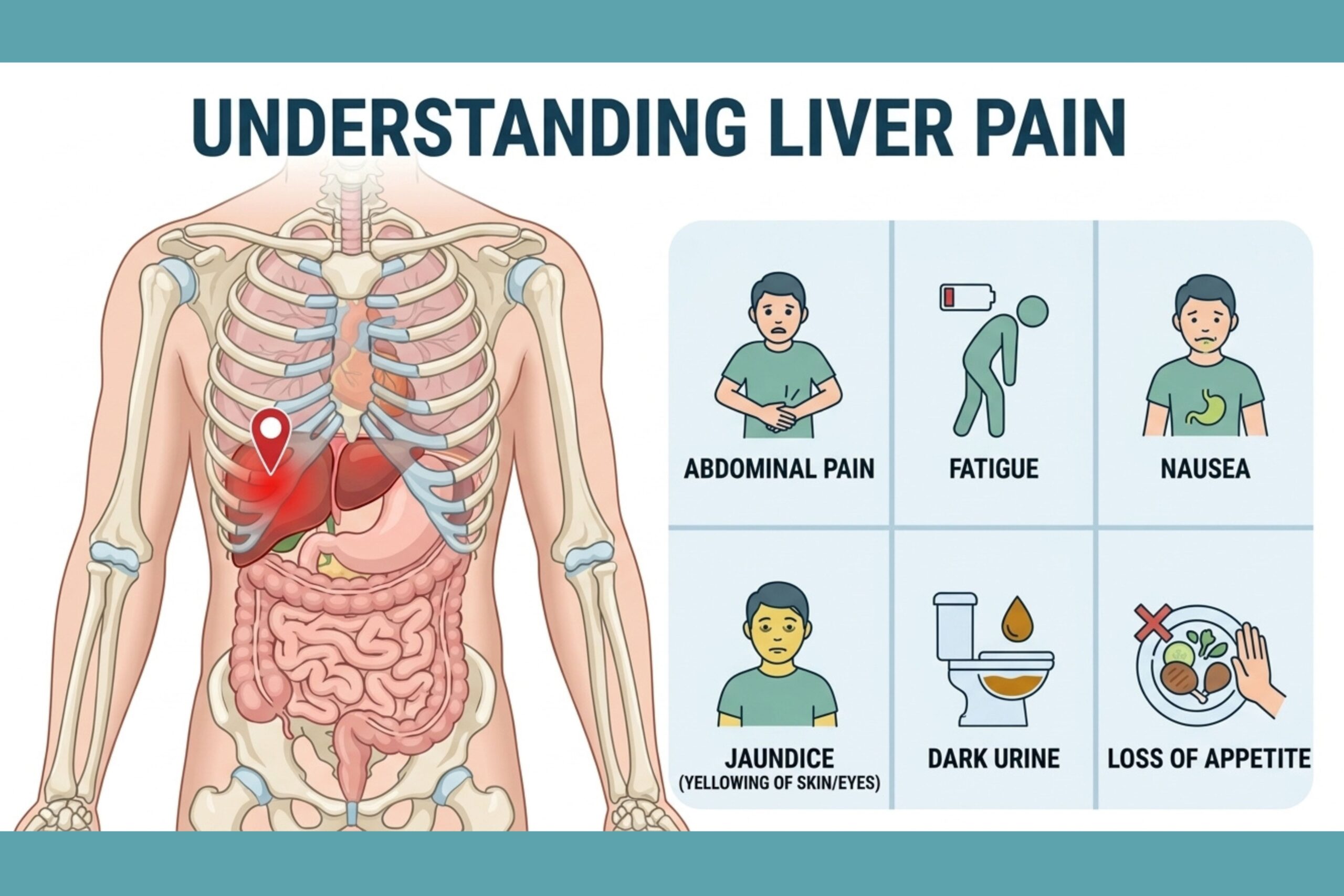 liver pain location and common symptoms infographic