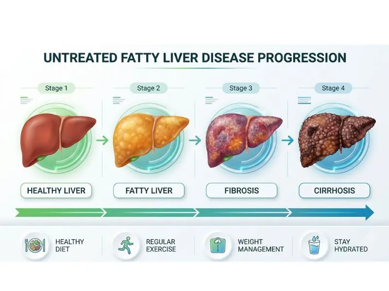 progression of untreated fatty liver disease from healthy liver to cirrhosis