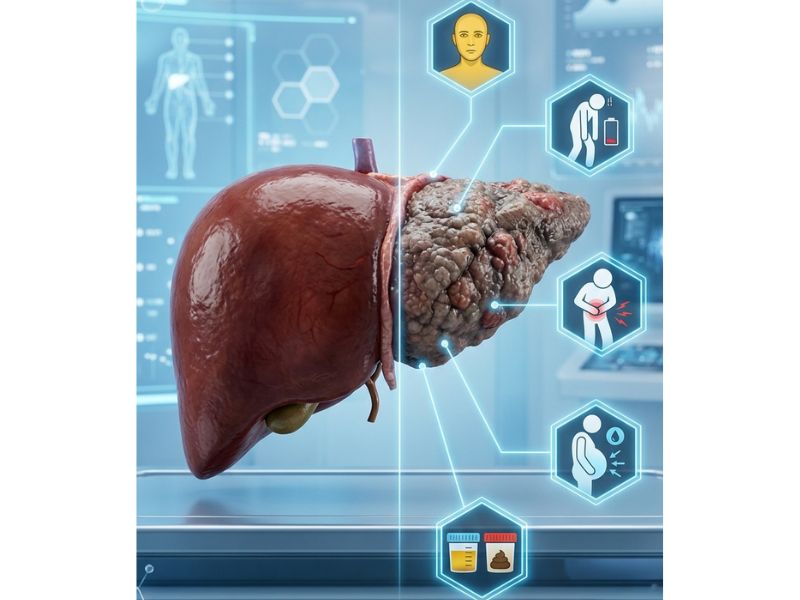healthy liver and damaged liver comparison showing warning signs of liver disease