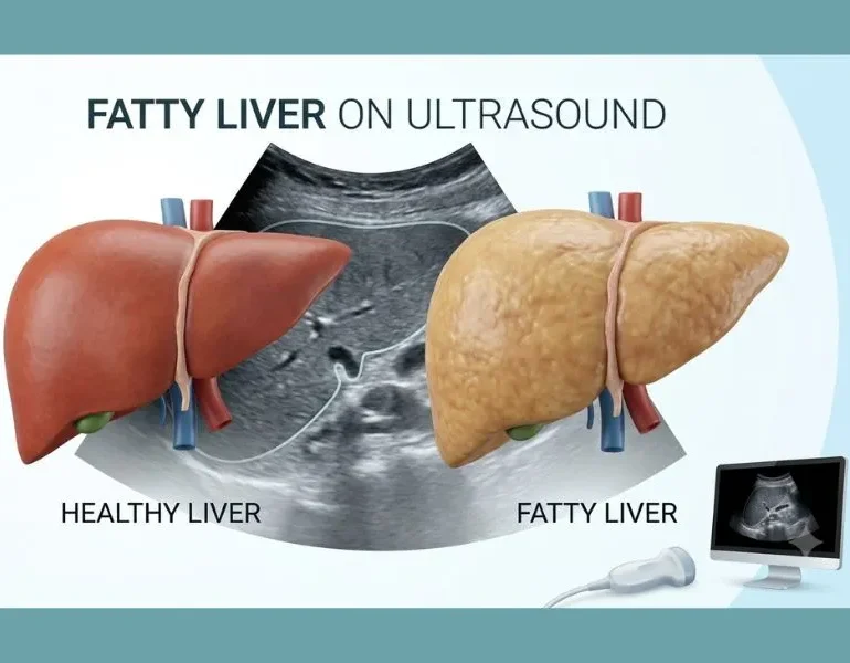 Fatty liver on ultrasound showing healthy liver and fatty liver