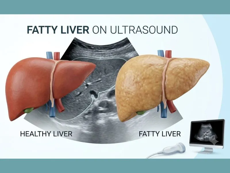 Fatty liver on ultrasound showing healthy liver and fatty liver