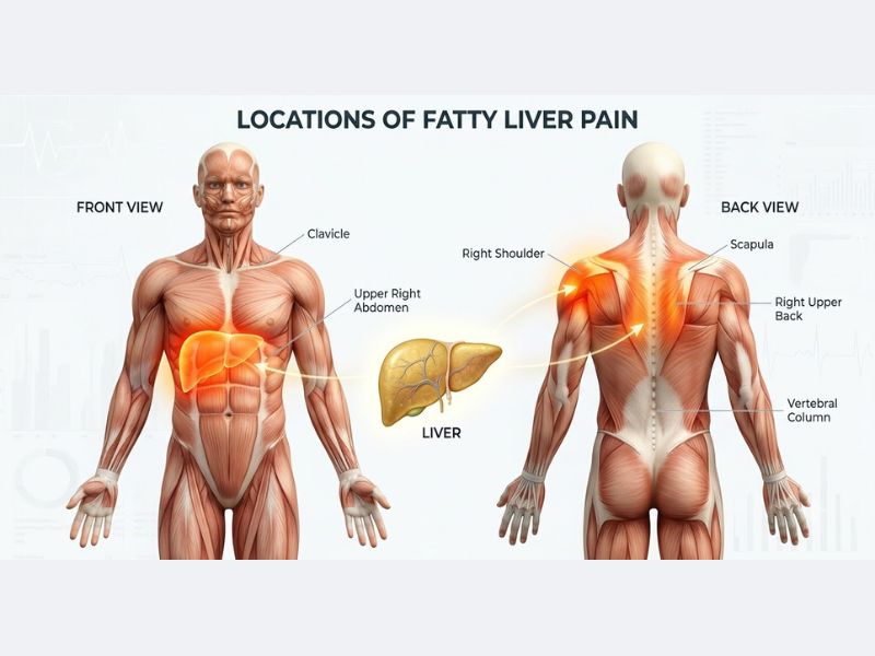 locations of fatty liver pain in the upper right abdomen shoulder and back