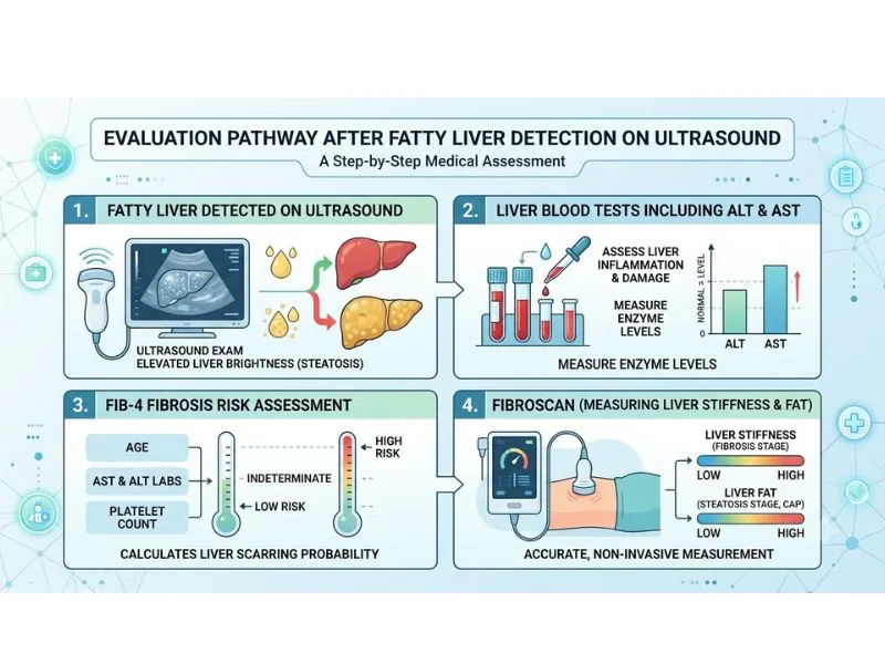 Fatty liver diagnosis after ultrasound with blood tests FIB-4 and FibroScan