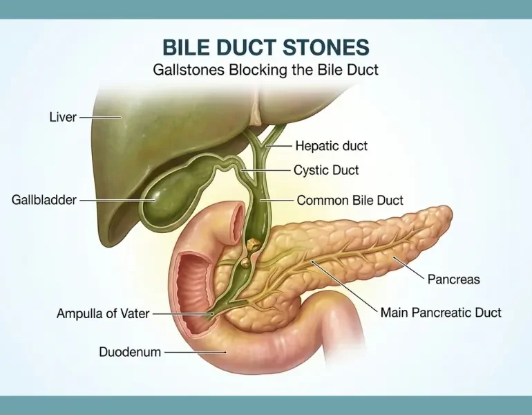 Bile duct stones blocking the common bile duct