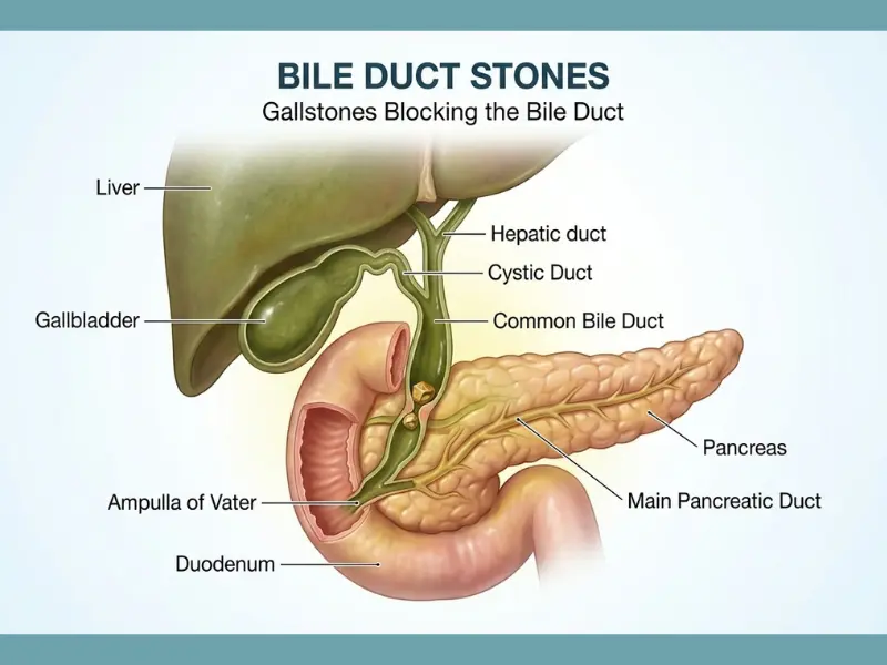 Bile duct stones blocking the common bile duct