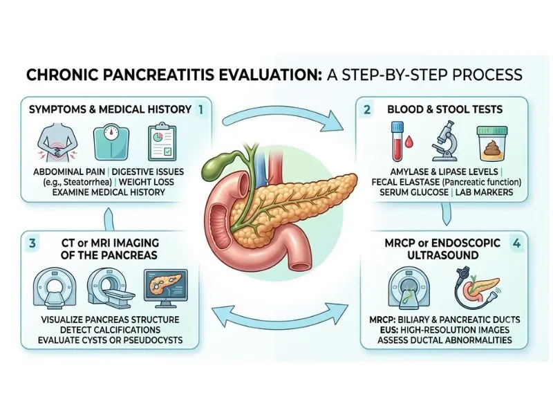 Chronic pancreatitis diagnosis with blood tests CT MRI MRCP and endoscopic ultrasound