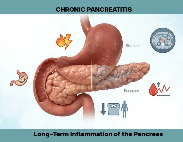 Chronic pancreatitis showing inflammation and damage to the pancreas