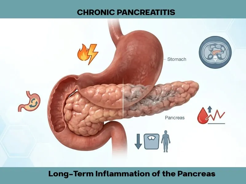 Chronic pancreatitis showing inflammation and damage to the pancreas