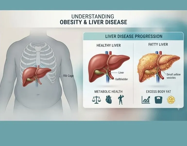 Medical illustration showing obesity and fatty liver disease