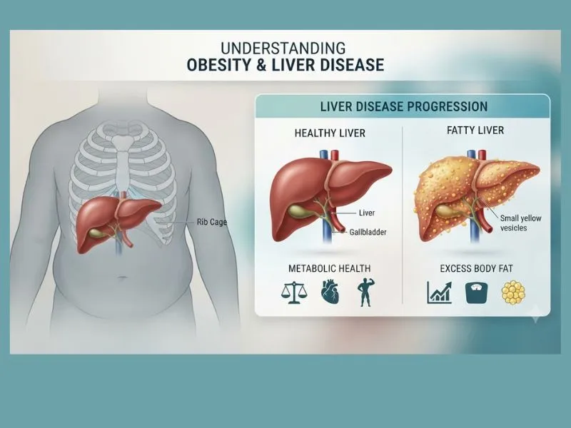 Medical illustration showing obesity and fatty liver disease