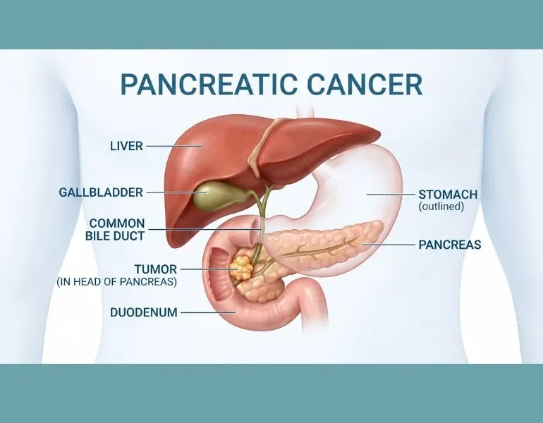 Medical illustration showing a tumor in the pancreas