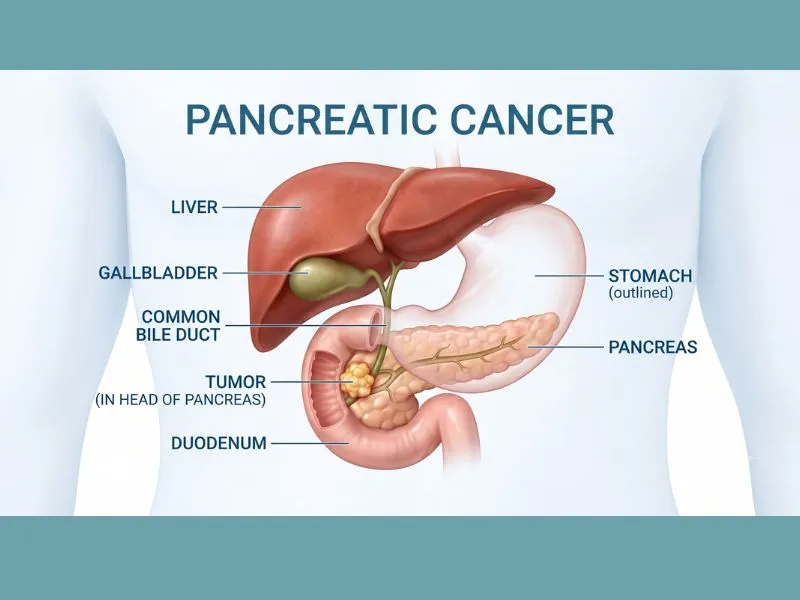 Medical illustration showing a tumor in the pancreas